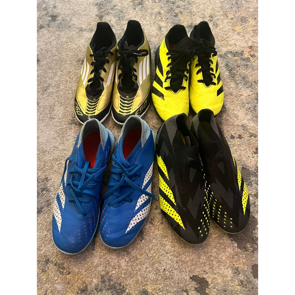3 Pairs Of Boys Soccer Shoes, 1 Cleats, 2 Turf. Indoor (Gold And Black Has Sold)